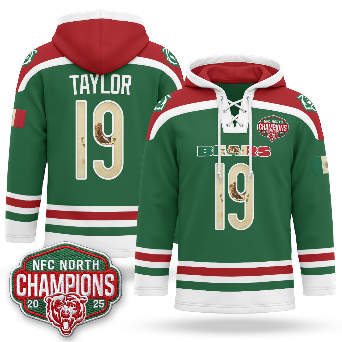 Chicago Bears 2026 Mexico NFC North Champions 2025 Patch Hockey Hoodie - Stitched
