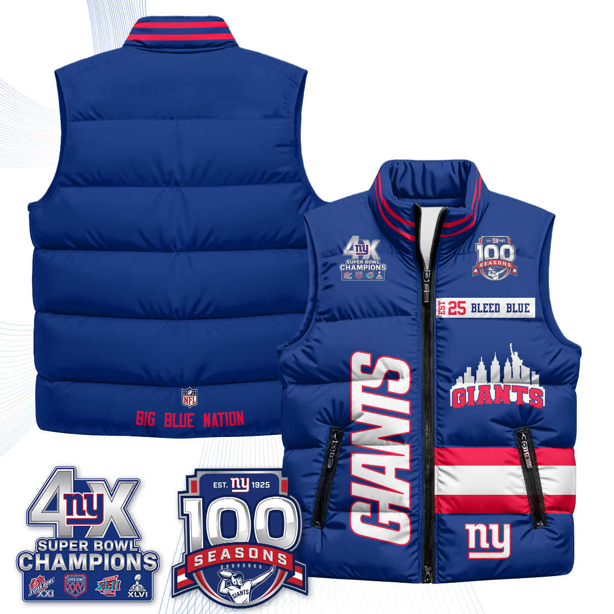 NYG 4X Champs S.Bowl Puffer Vest - Printed