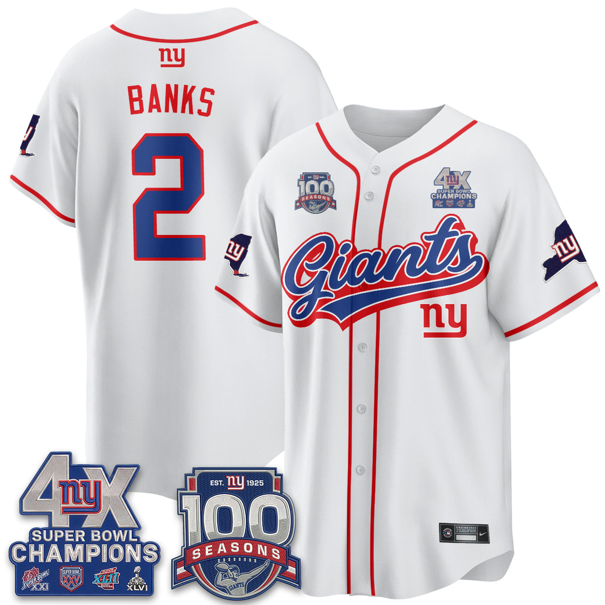 New York Giants 4X Champs & 100 Anniversary Vapor Baseball Jersey V2- Stitched