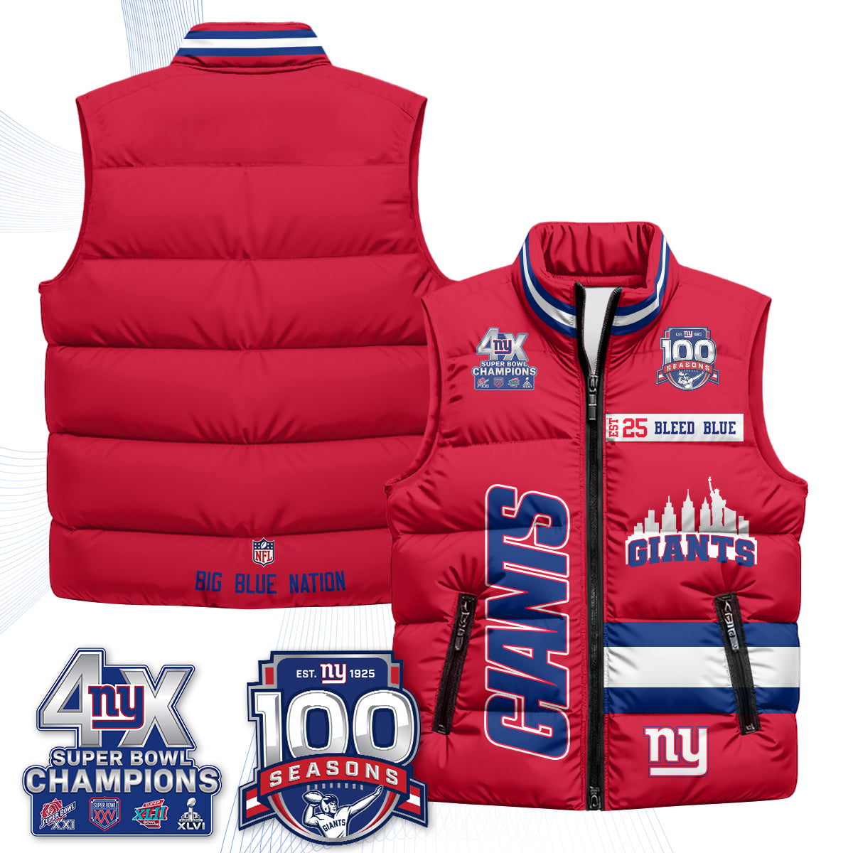 NYG 4X Champs S.Bowl Puffer Vest - Printed