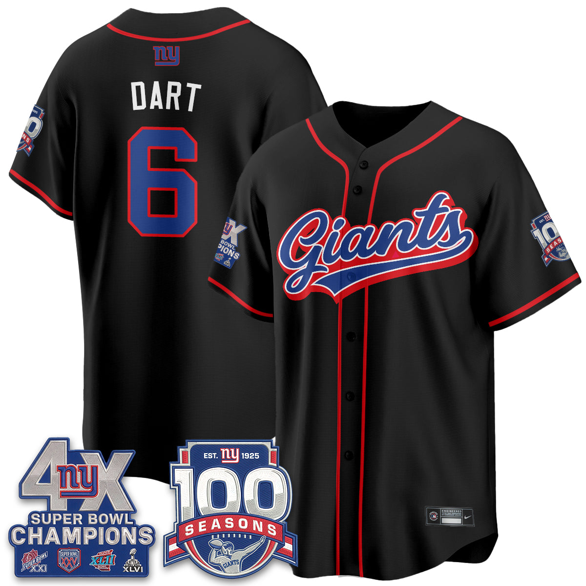 NYG 4X Champs & 100 Anniversary Vapor Baseball Jersey - Stitched