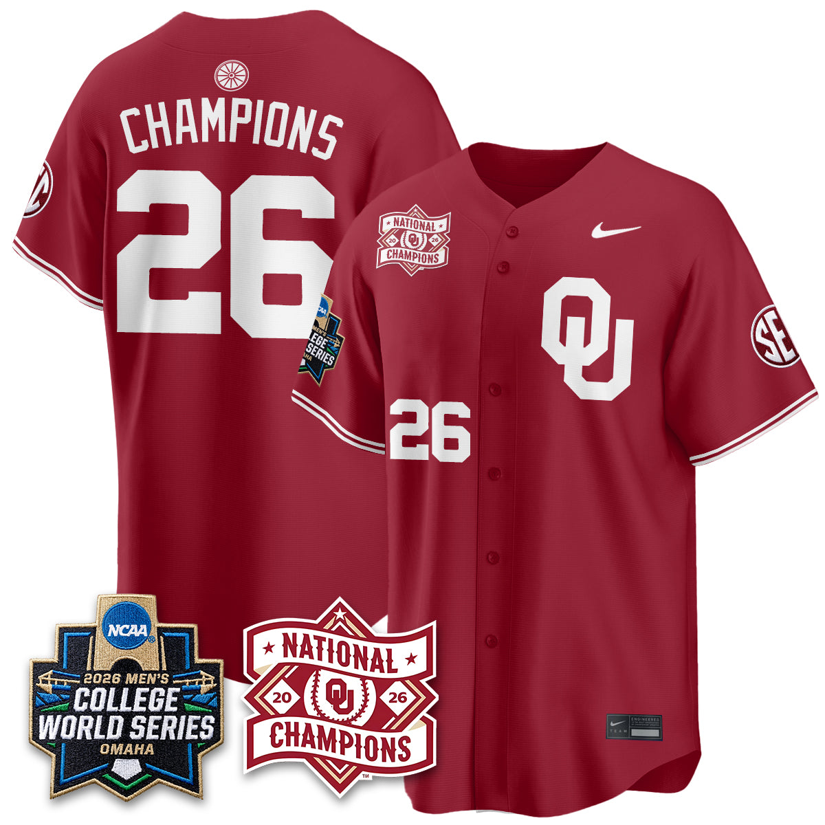 Oklahoma Sooners Nike 2026 NCAA Baseball Men's College World Series Champions Vapor Jersey - Stitched