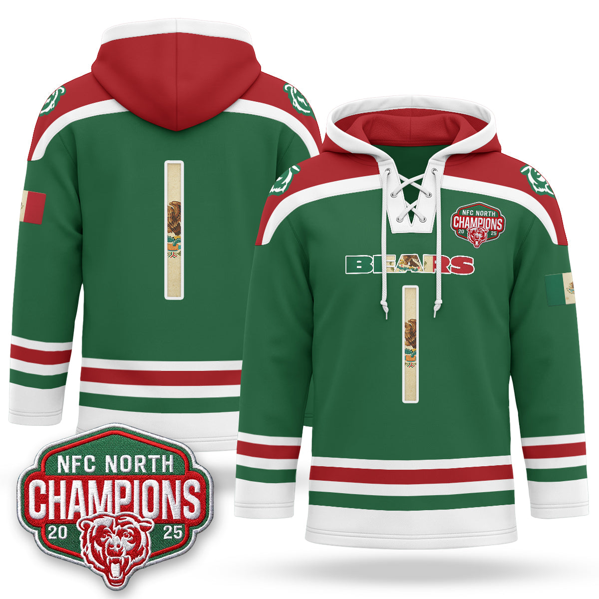 Chicago Bears 2026 Mexico NFC North Champions 2025 Patch Hockey Hoodie - Stitched