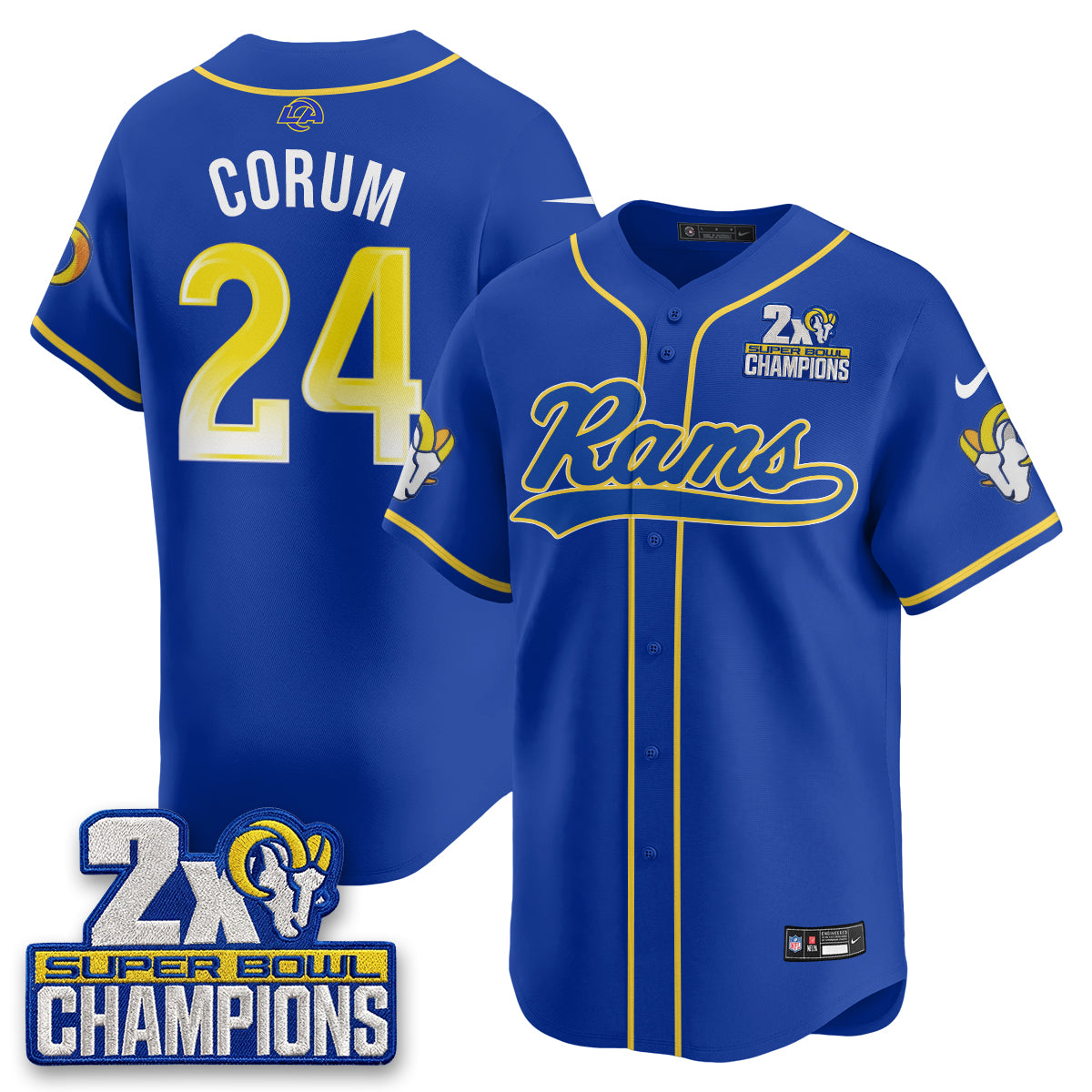 Los Angeles Rams 2X Champs Rivalries Baseball Vapor Jersey - Stitched
