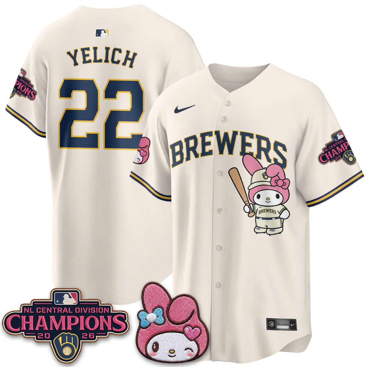 Milwaukee Brewers NL Central Champs x Pink Sanrio Friend  Vapor Jersey - Stitched