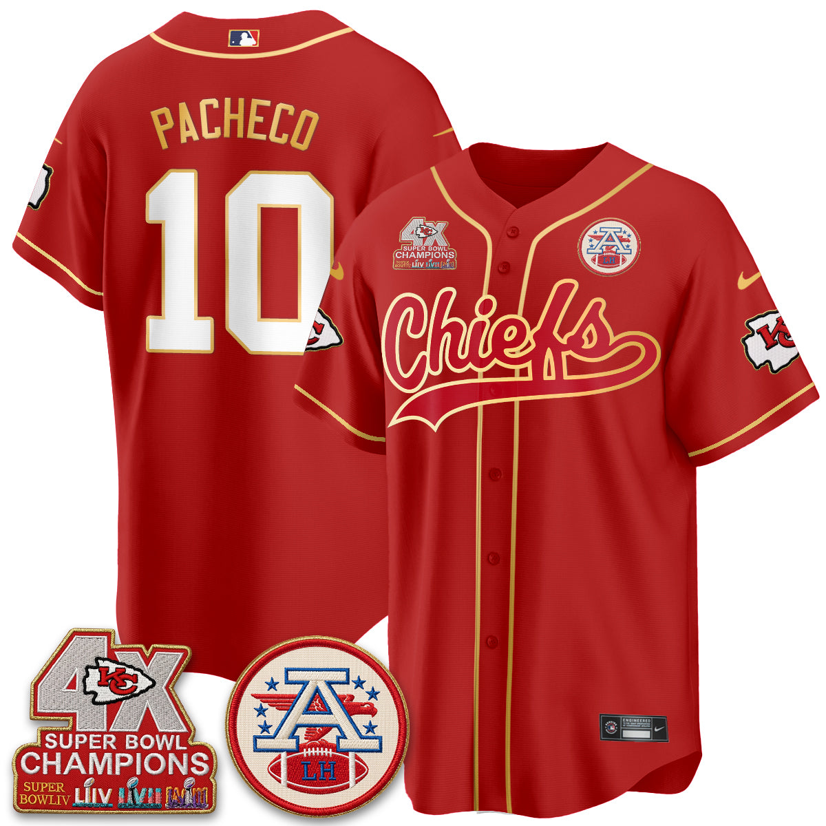 Kansas City Chiefs 4X Champs Gold Trim Edition Vapor Baseball Jersey - Stitched