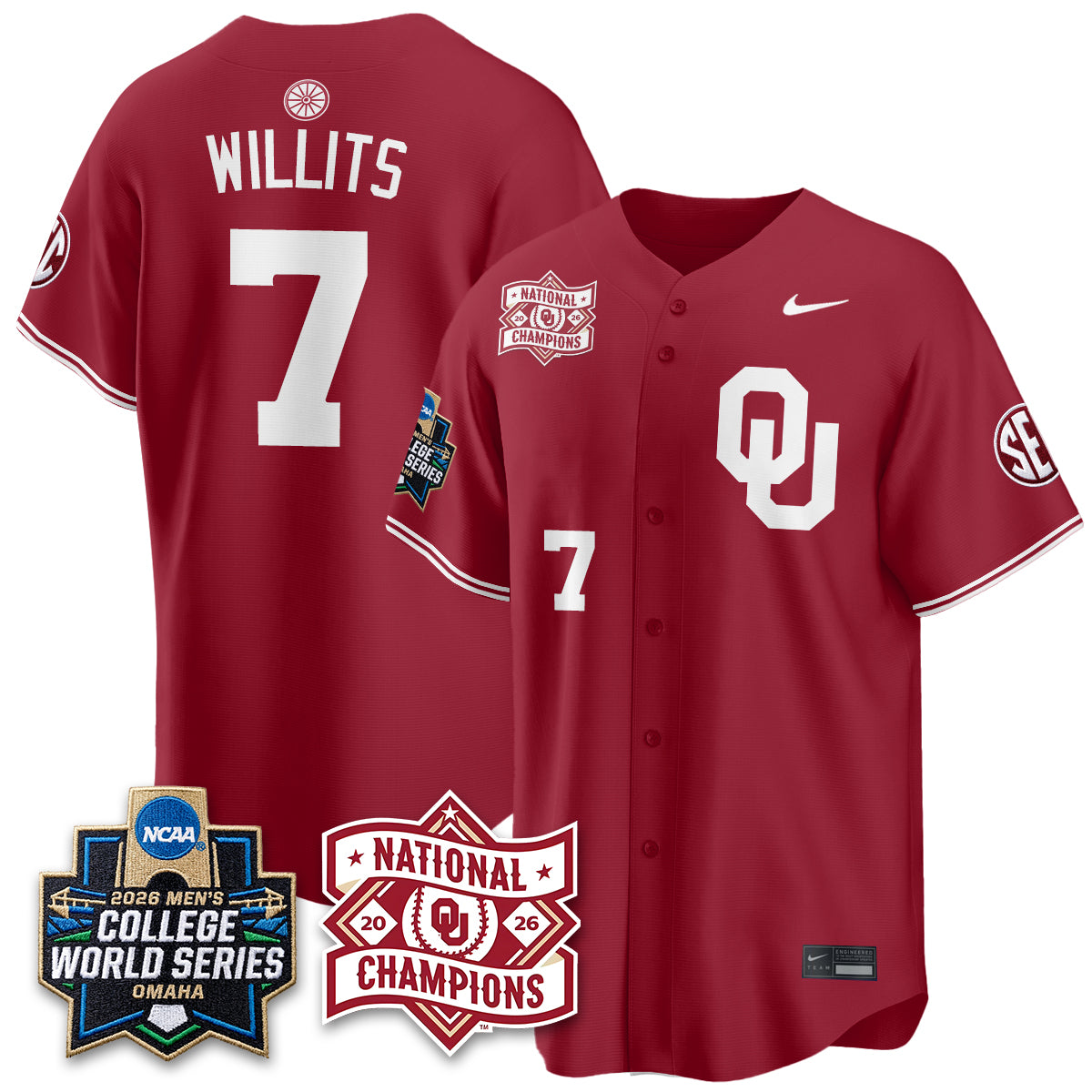 Oklahoma Sooners Nike 2026 NCAA Baseball Men's College World Series Champions Vapor Jersey - Stitched