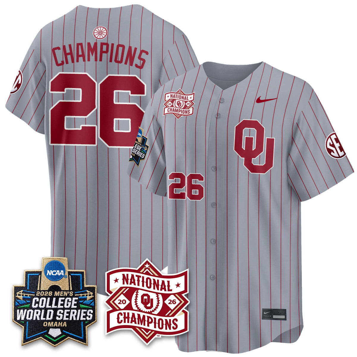 Oklahoma Sooners Nike 2026 NCAA Baseball Men's College World Series Champions Vapor Jersey - Stitched