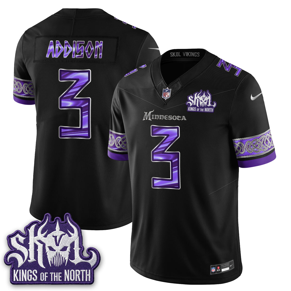 MIN Fangear Edition Warrior Skol Patch Vikings Font Vapor Jersey - Stitched