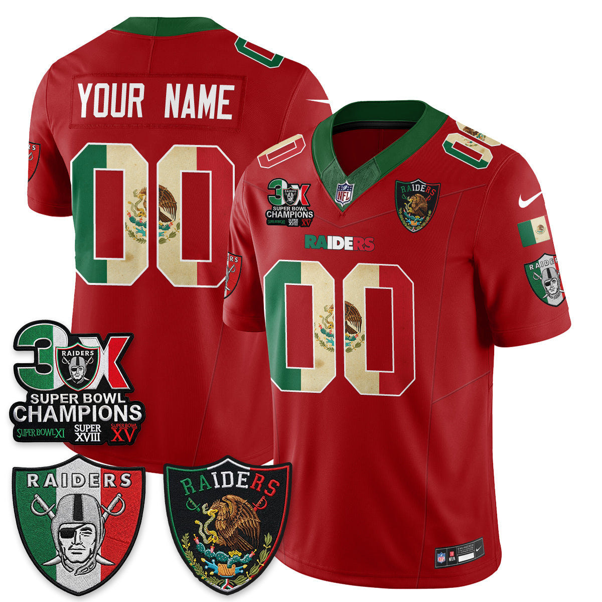 Las Vegas Raiders 3X Champs Mexico Edition Vapor Custom Jersey - Stitched
