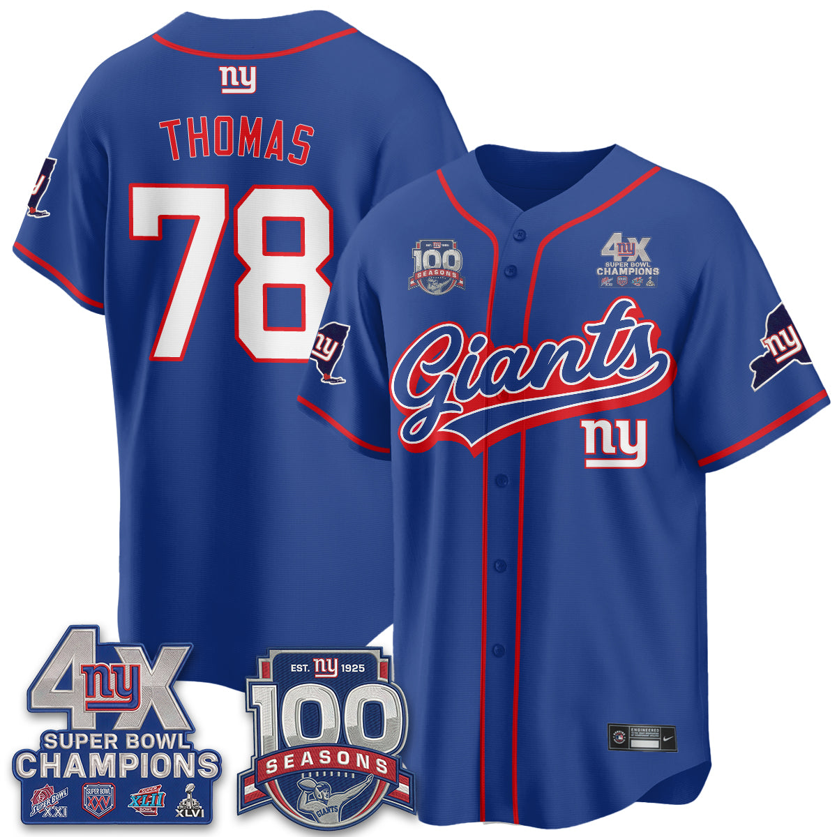 New York Giants 4X Champs & 100 Anniversary Vapor Baseball Jersey V2- Stitched