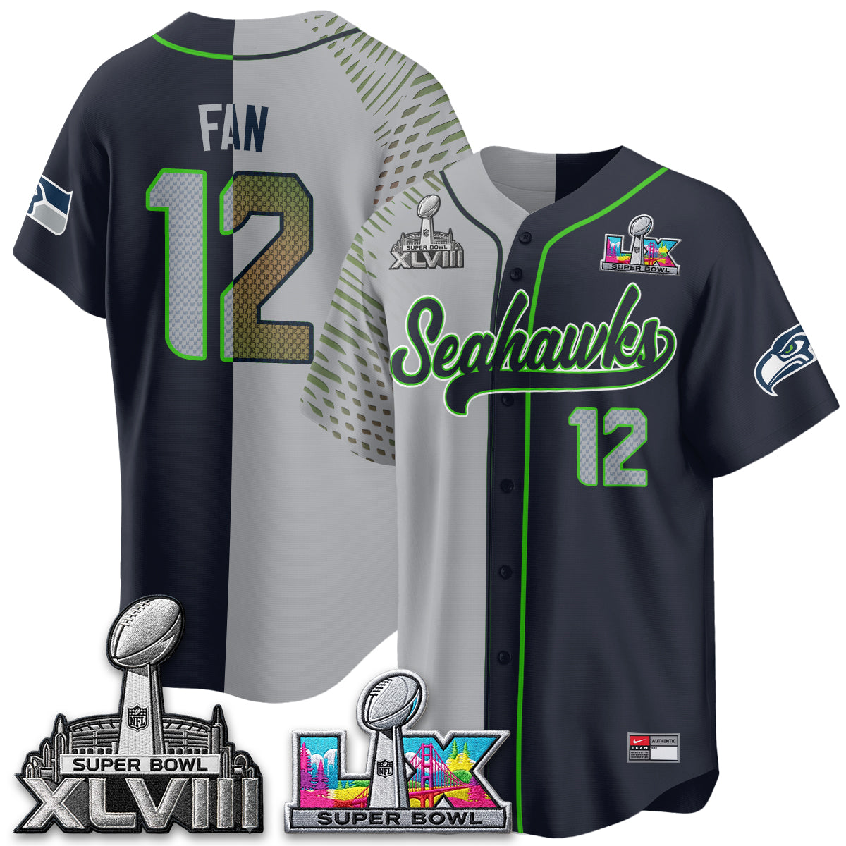 Seattle Seahawks S.Bowl Champs Split Baseball Vapor Jersey V2- Stitched