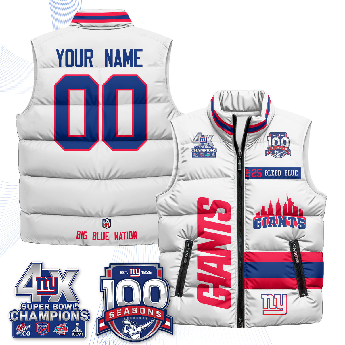 NYG 4X Champs S.Bowl Custom Puffer Vest - Printed
