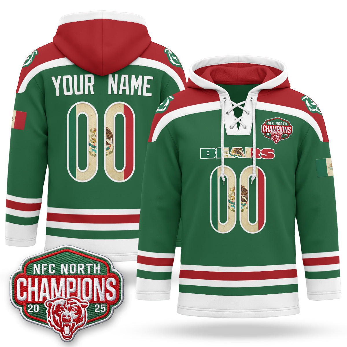 Chicago Bears 2026 Mexico NFC North Champions 2025 Patch Custom Hockey Hoodie - Stitched