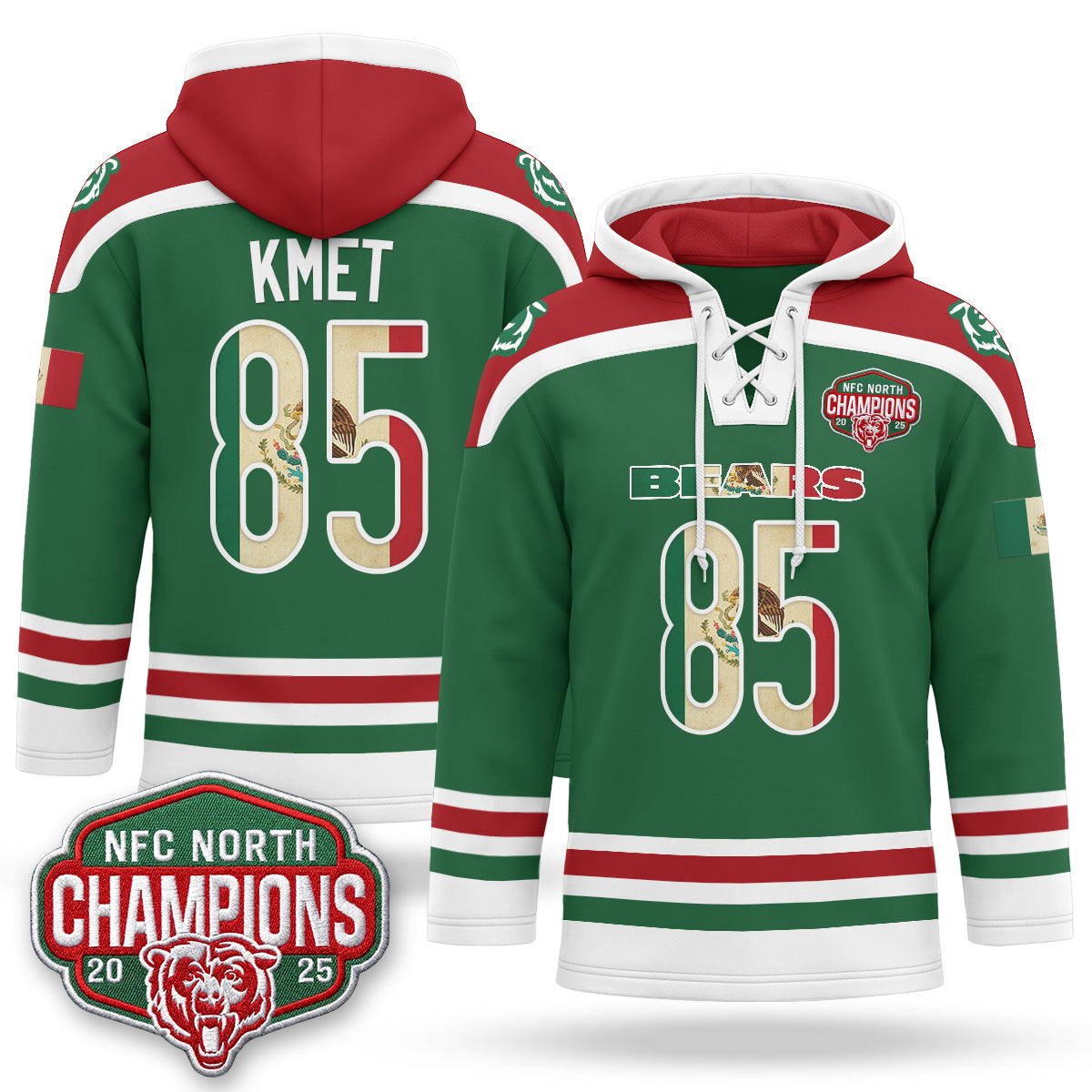 Chicago Bears 2026 Mexico NFC North Champions 2025 Patch Hockey Hoodie - Stitched