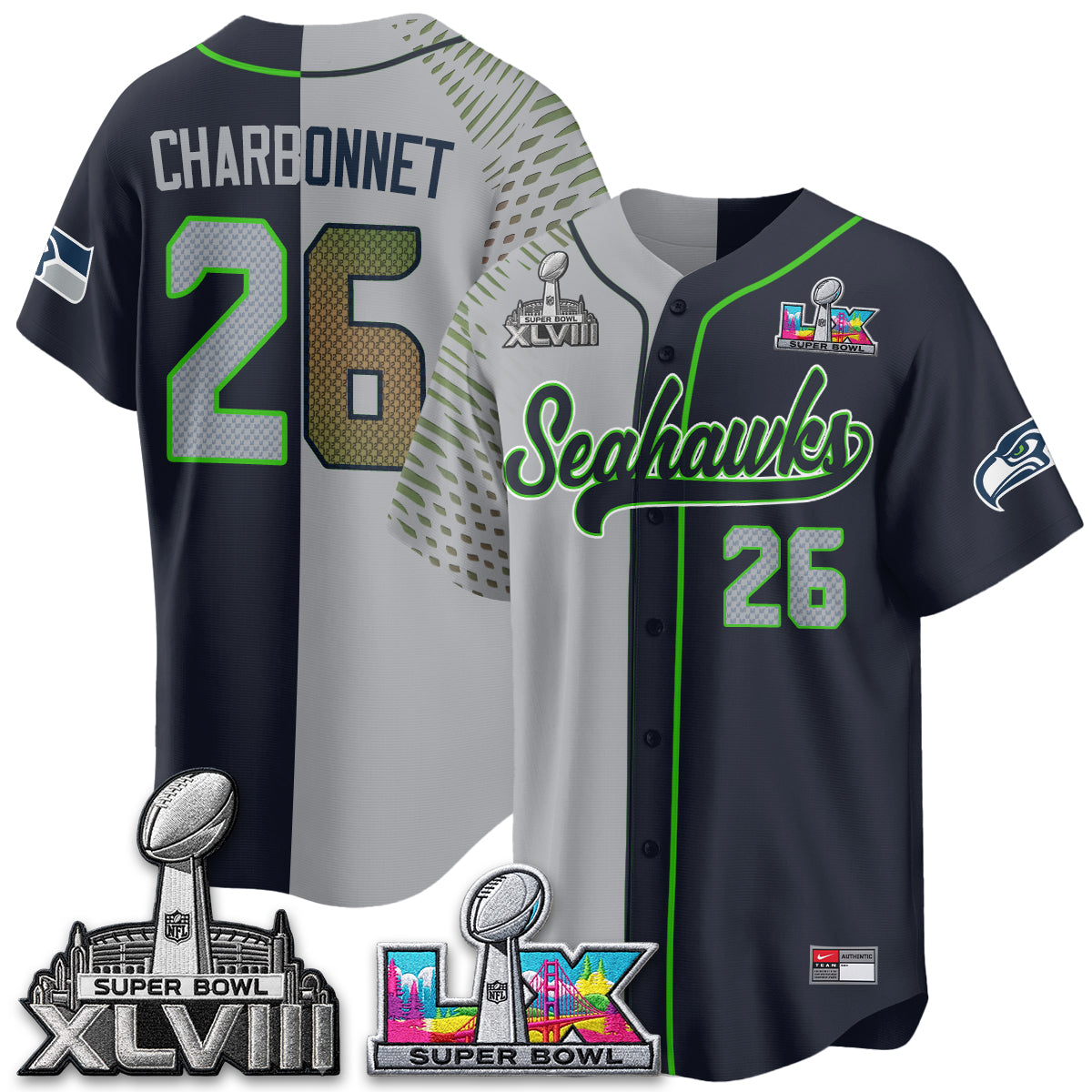 Seattle Seahawks S.Bowl Champs Split Baseball Vapor Jersey V2- Stitched
