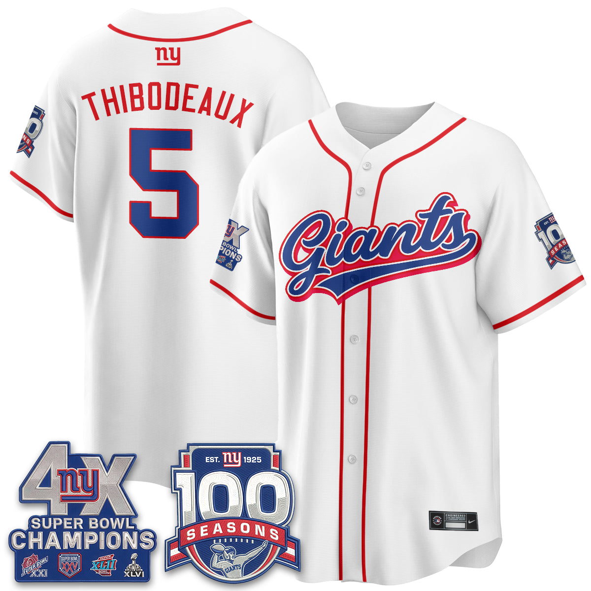 NYG 4X Champs & 100 Anniversary Vapor Baseball Jersey - Stitched