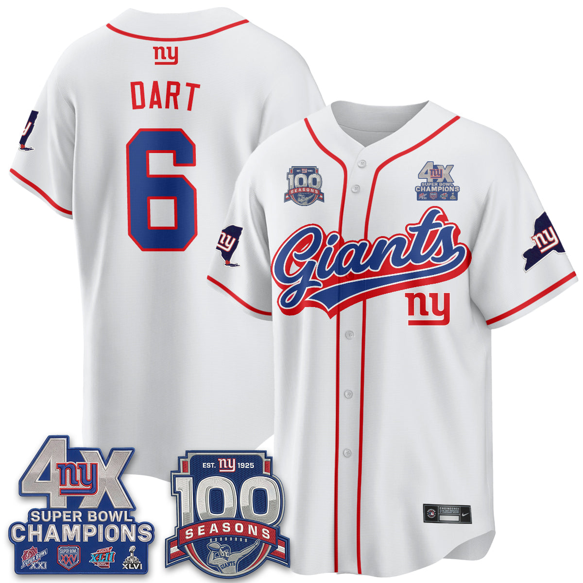 New York Giants 4X Champs & 100 Anniversary Vapor Baseball Jersey V2- Stitched