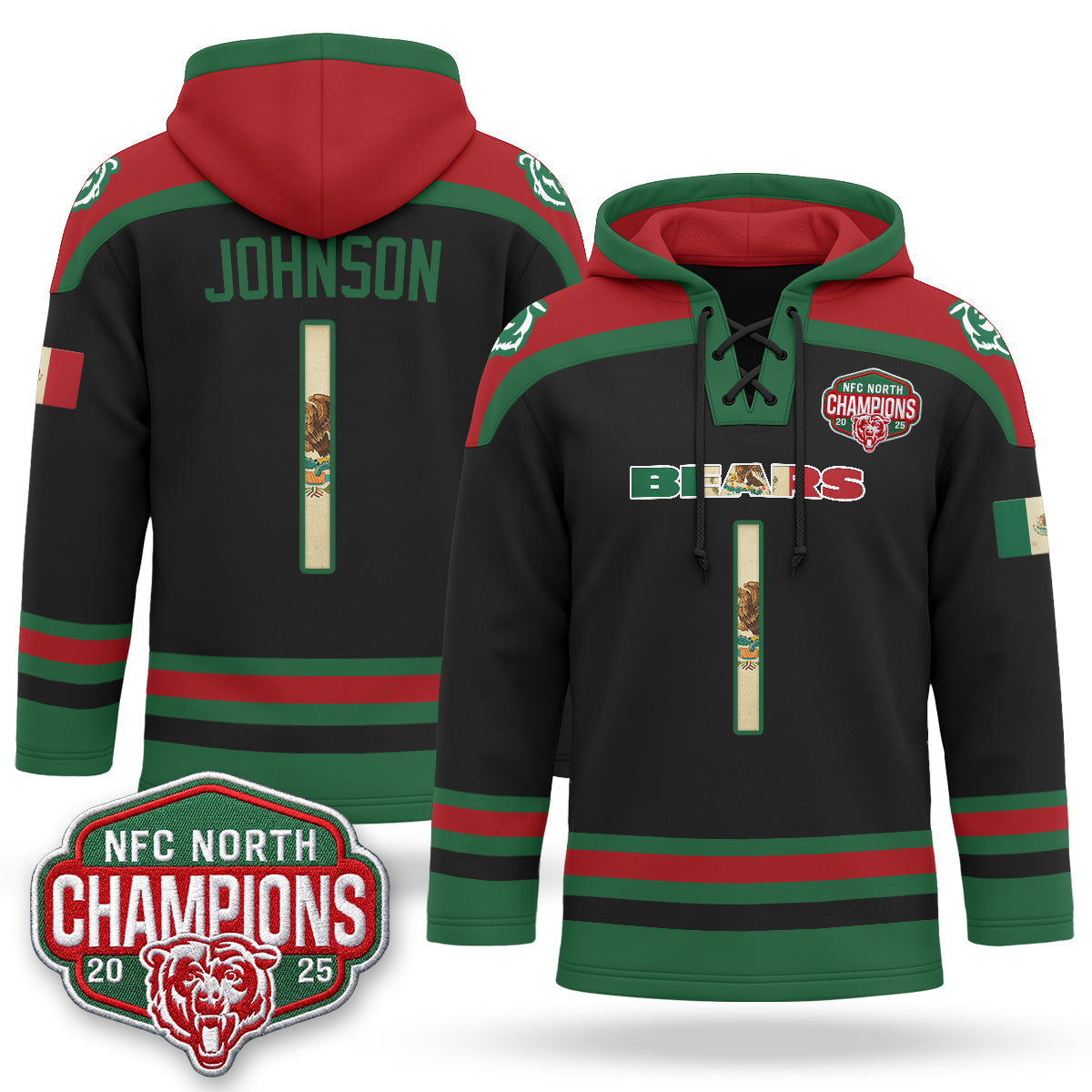 Chicago Bears 2026 Mexico NFC North Champions 2025 Patch Hockey Hoodie - Stitched