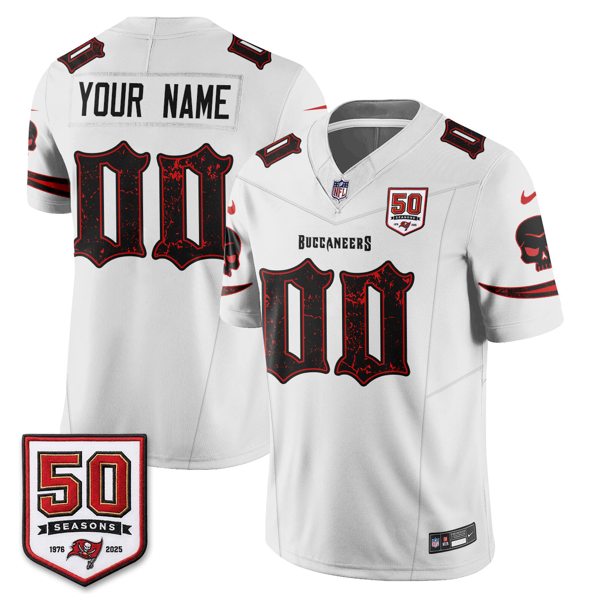 Tampa Bay Buccaneers Skull 50 Seasons Edition Vapor Custom Jersey - Stitched