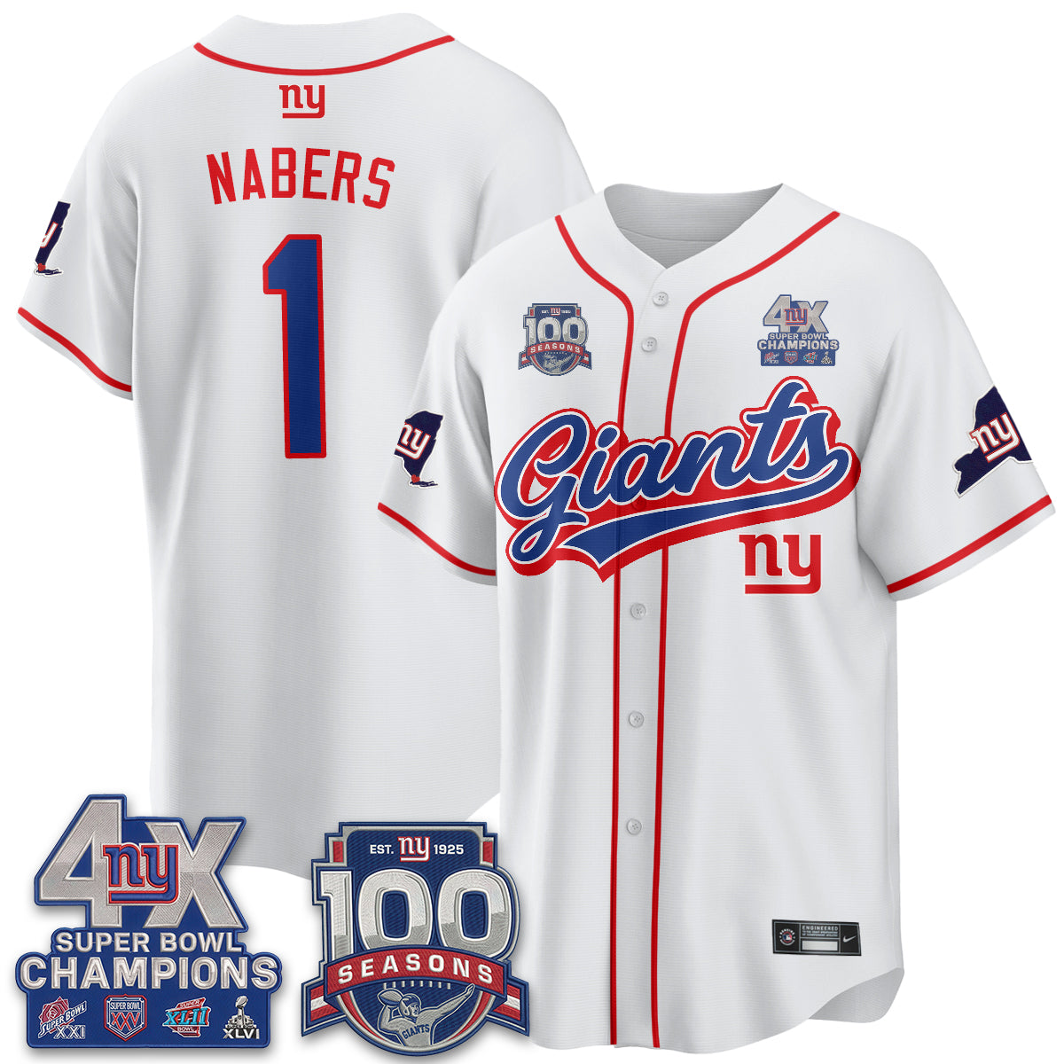 New York Giants 4X Champs & 100 Anniversary Vapor Baseball Jersey V2- Stitched