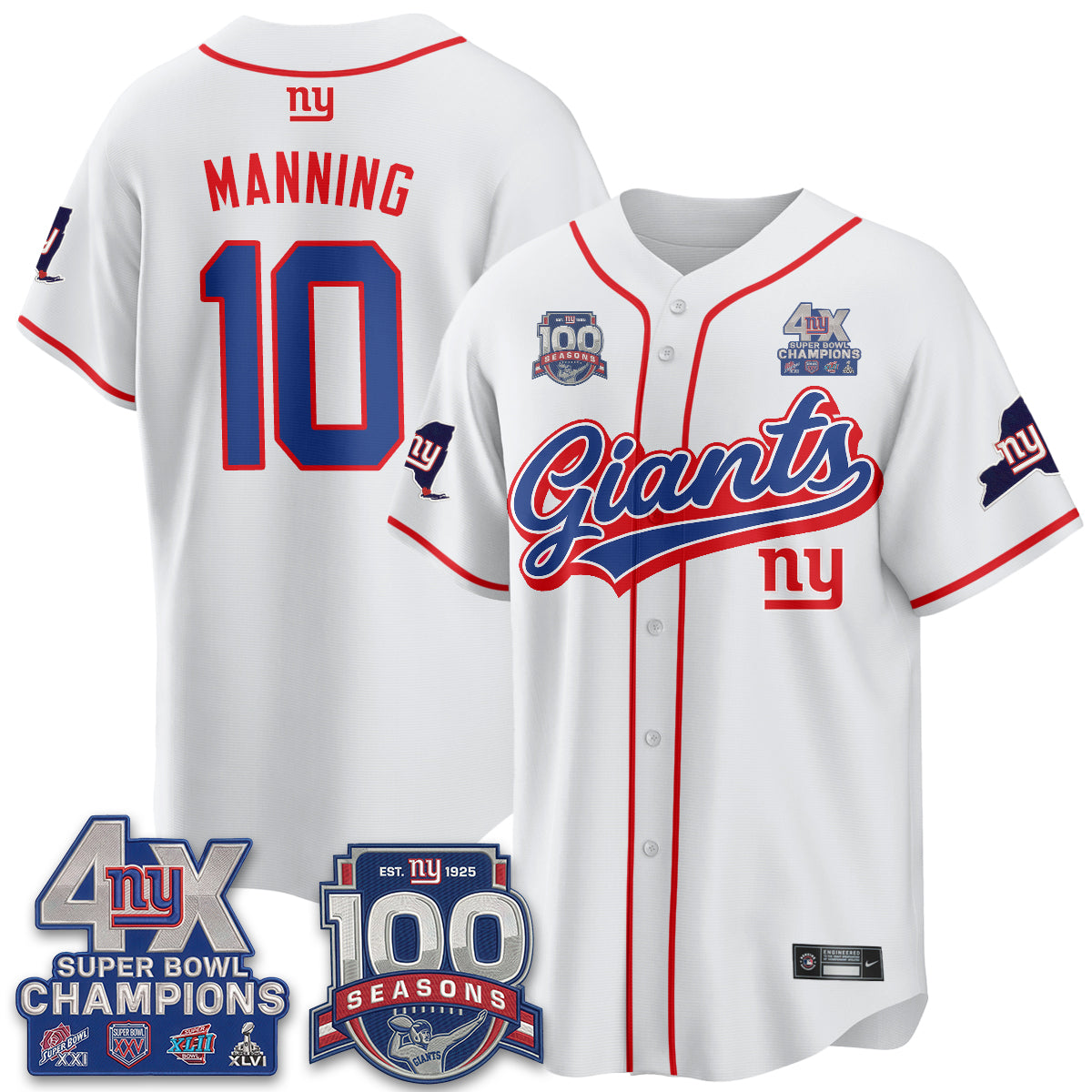 New York Giants 4X Champs & 100 Anniversary Vapor Baseball Jersey V2- Stitched
