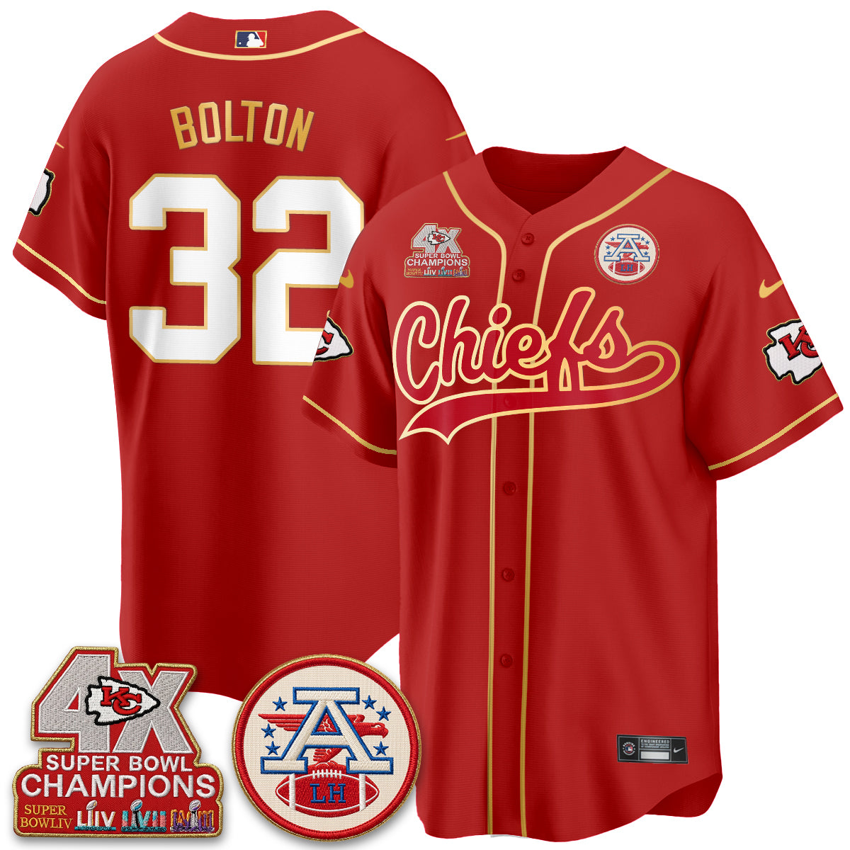Kansas City Chiefs 4X Champs Gold Trim Edition Vapor Baseball Jersey - Stitched