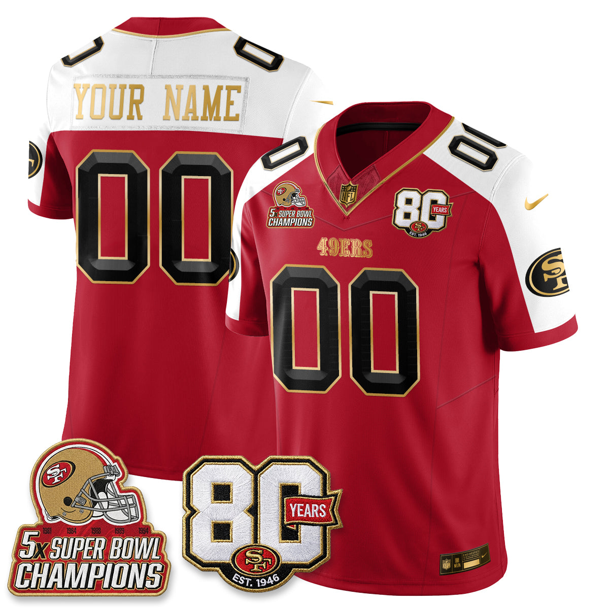 San Francisco 49ers 80 Years & 5X Champs Vapor Custom Jersey - Stitched