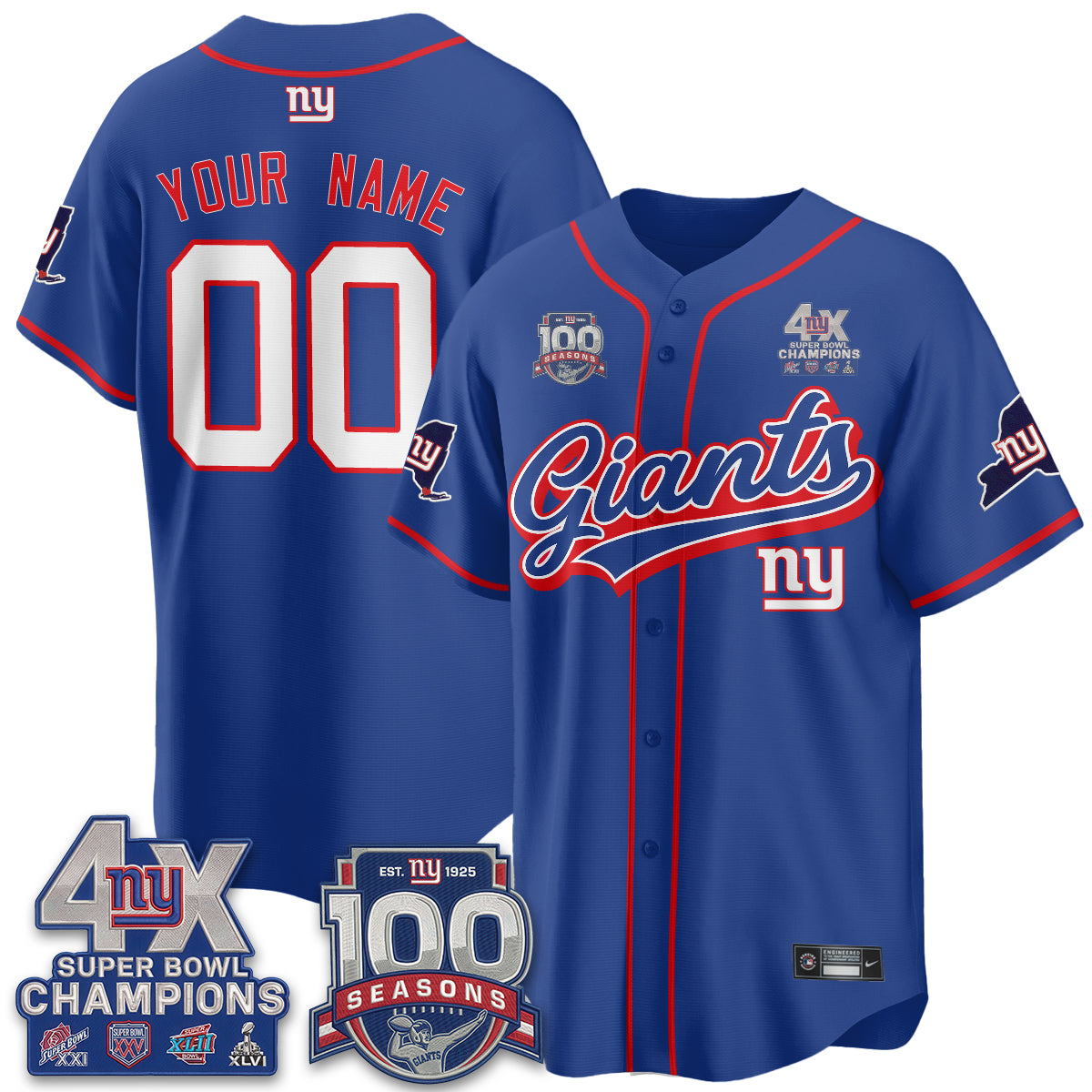 New York Giants 4X Champs & 100 Anniversary Vapor Baseball Custom Jersey V2- Stitched