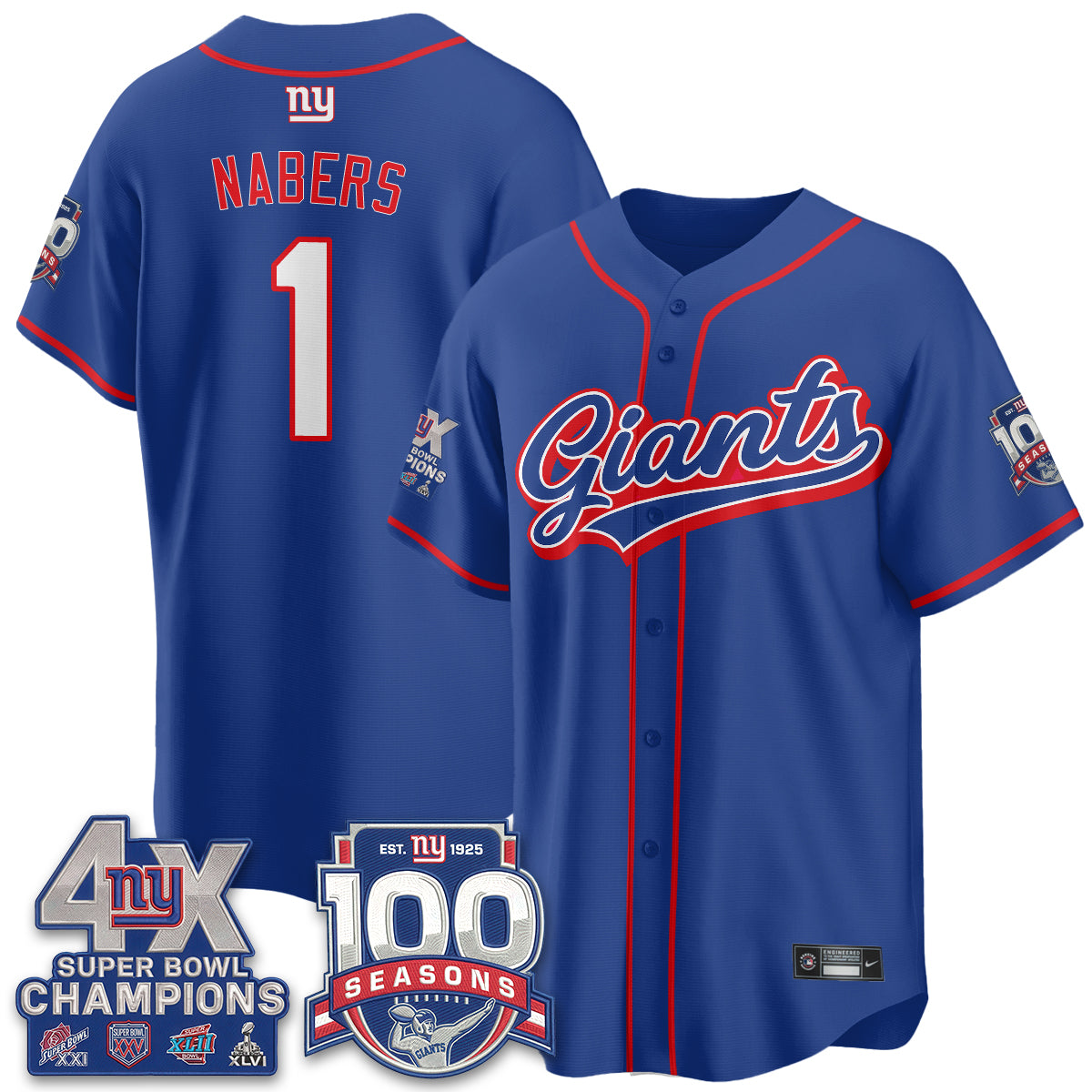 NYG 4X Champs & 100 Anniversary Vapor Baseball Jersey - Stitched