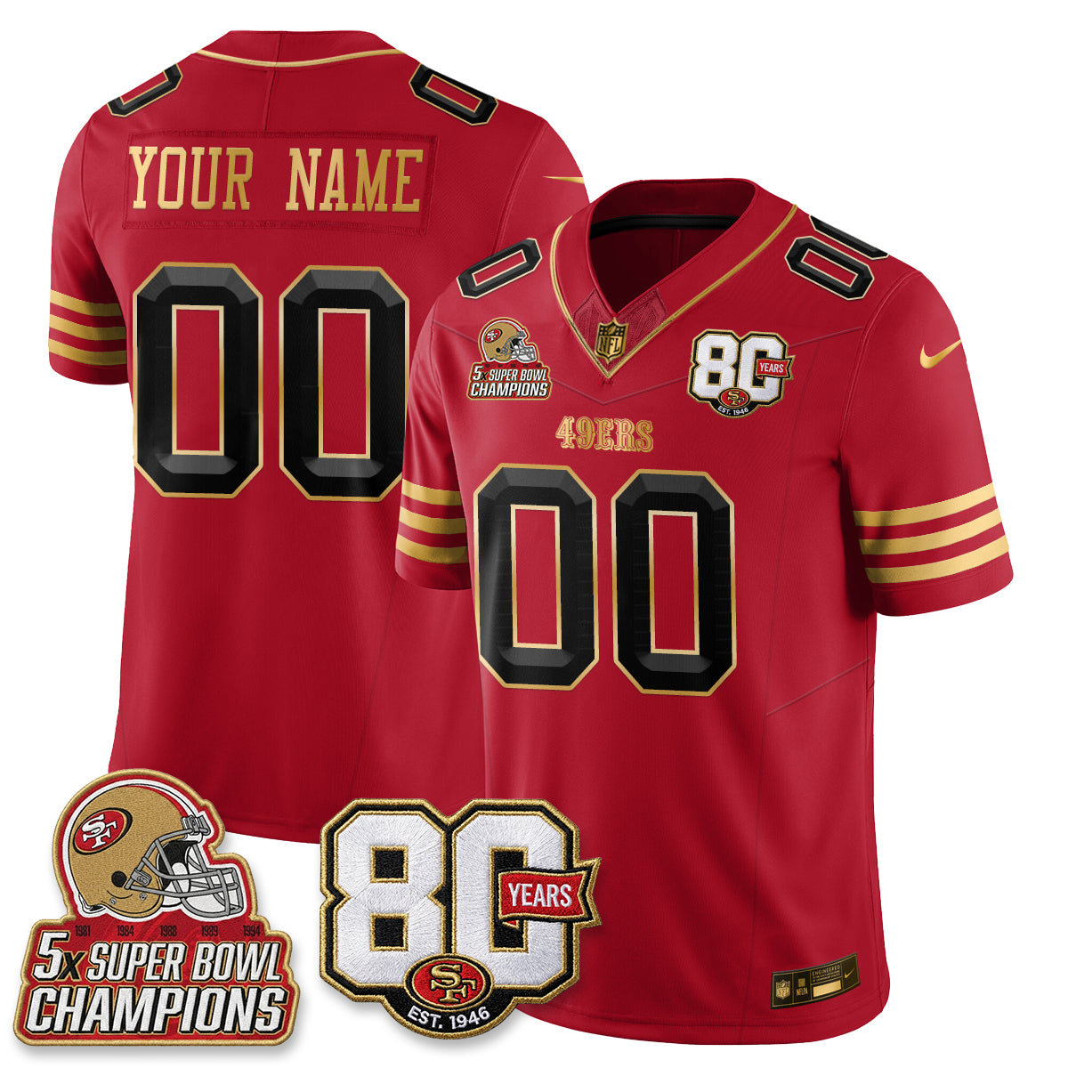 San Francisco 49ers 80 Years & 5X Champs Vapor Custom Jersey - Stitched