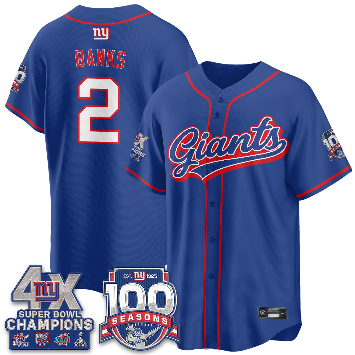 NYG 4X Champs & 100 Anniversary Vapor Baseball Jersey - Stitched