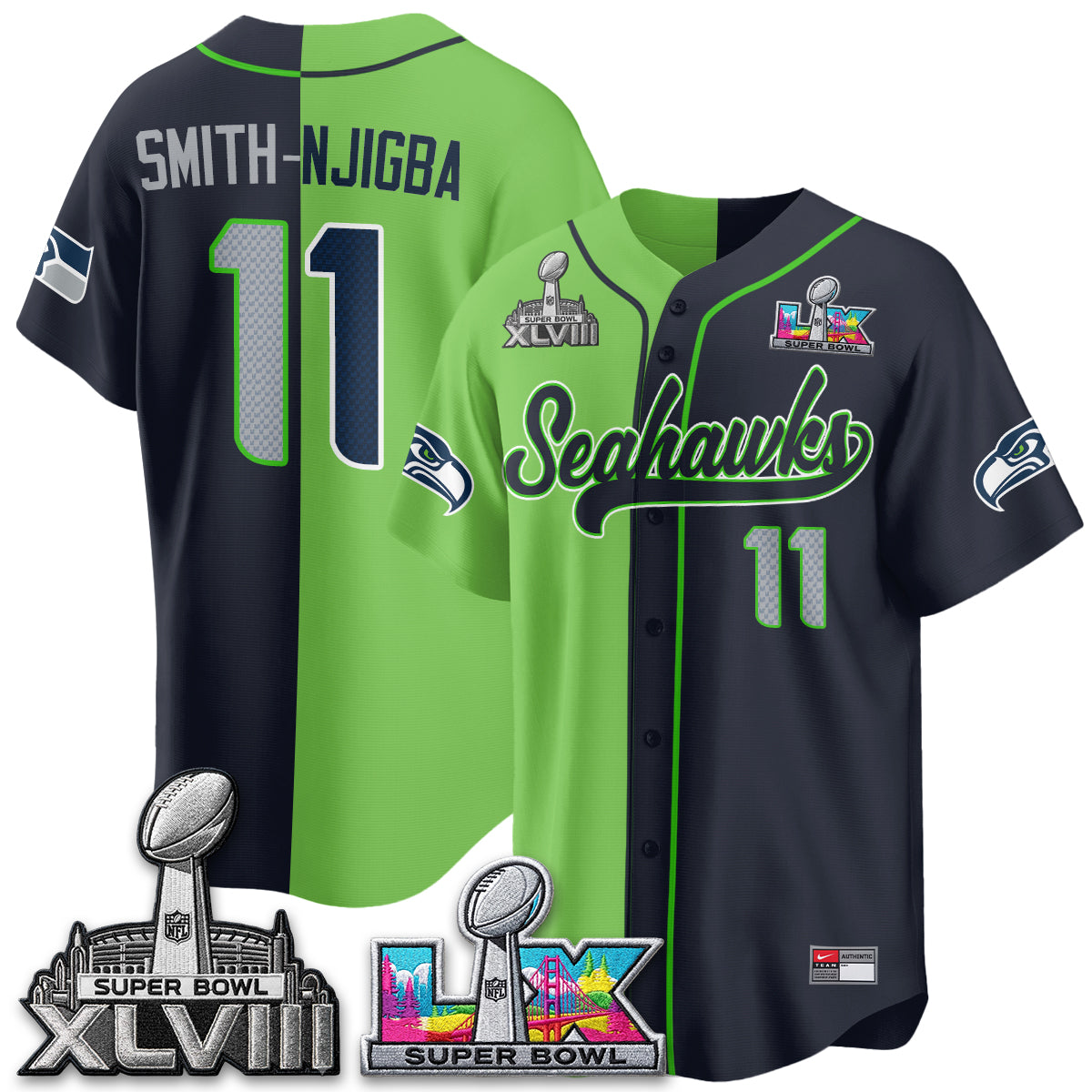 Seattle Seahawks S.Bowl Champs Split Baseball Vapor Jersey V2- Stitched