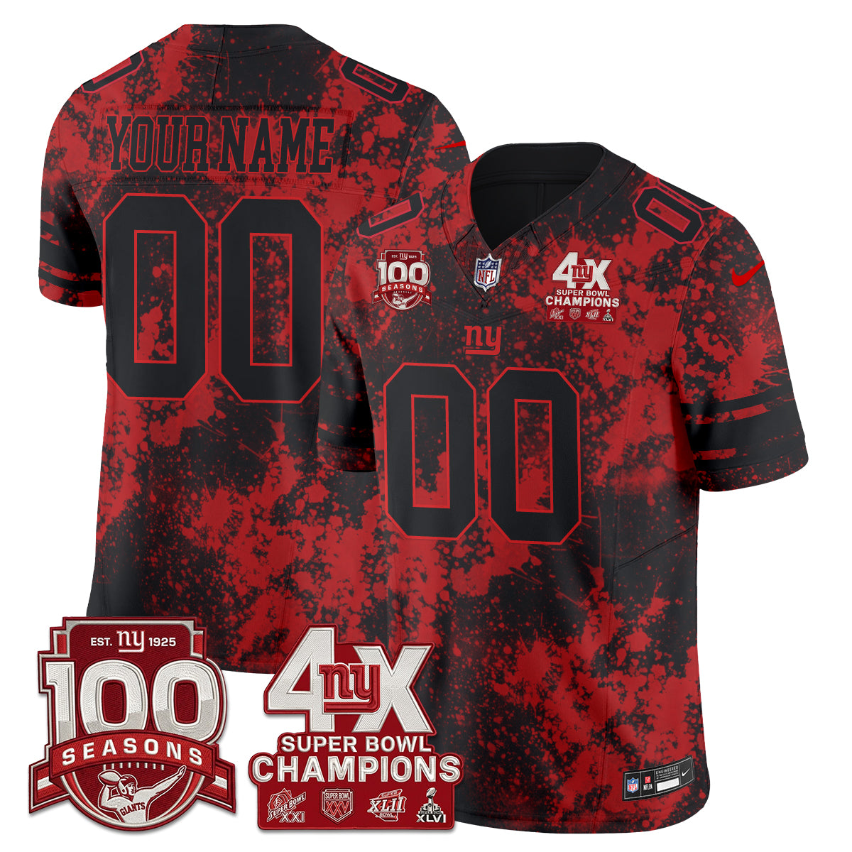 New York Giants 4X Champs Blood Splash Edition Vapor Custom Jersey - Stitched