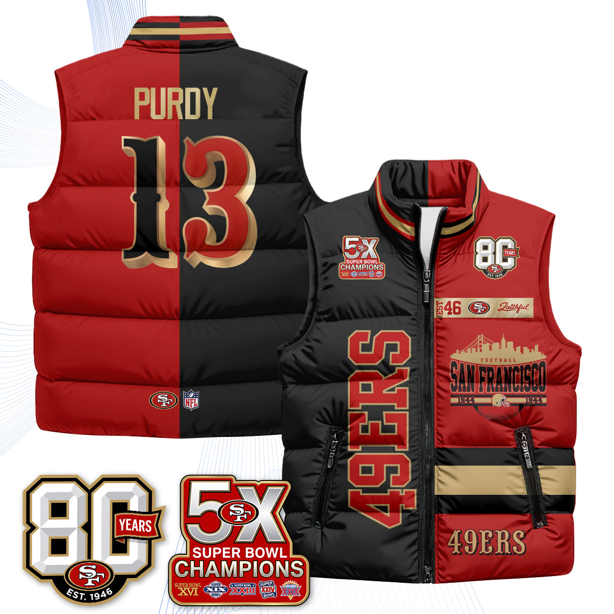 San Francisco 49ers Faithful to The Bay Puffer Vest - Printed