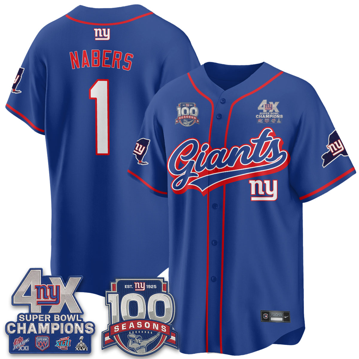 New York Giants 4X Champs & 100 Anniversary Vapor Baseball Jersey V2- Stitched