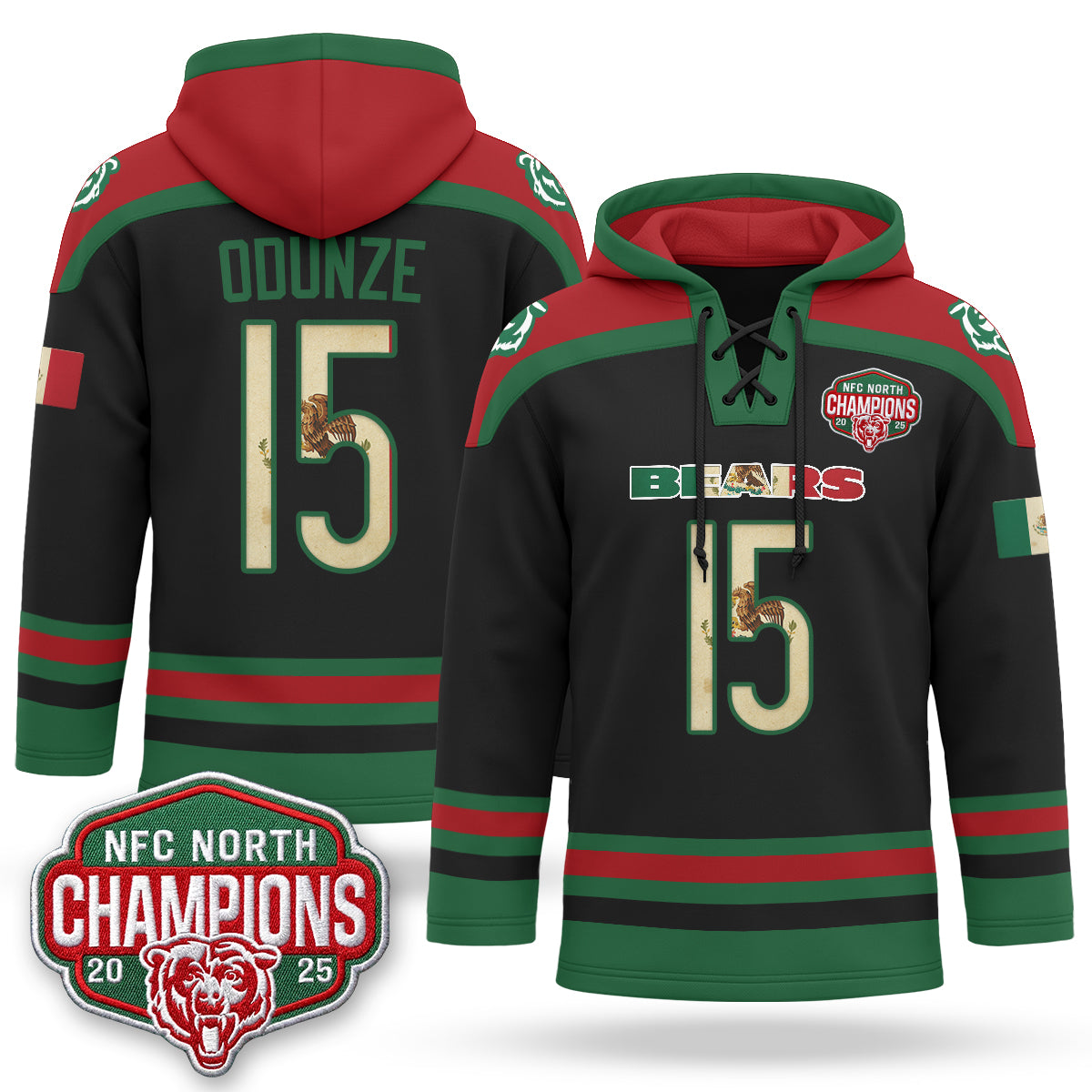 Chicago Bears 2026 Mexico NFC North Champions 2025 Patch Hockey Hoodie - Stitched