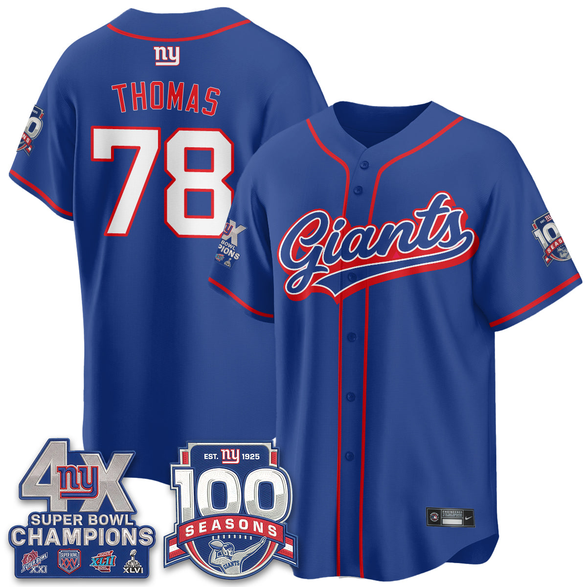 NYG 4X Champs & 100 Anniversary Vapor Baseball Jersey - Stitched