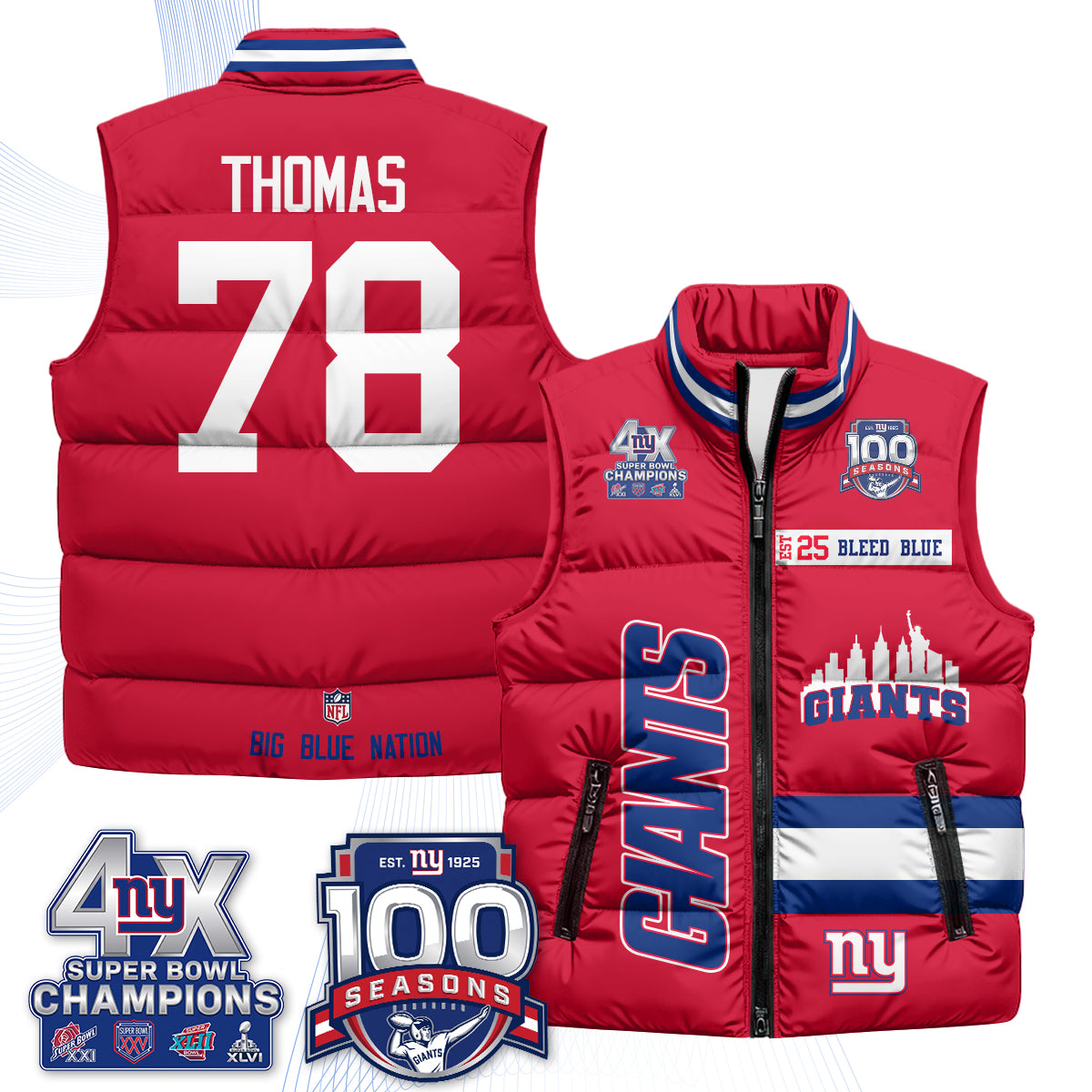 NYG 4X Champs S.Bowl Puffer Vest - Printed