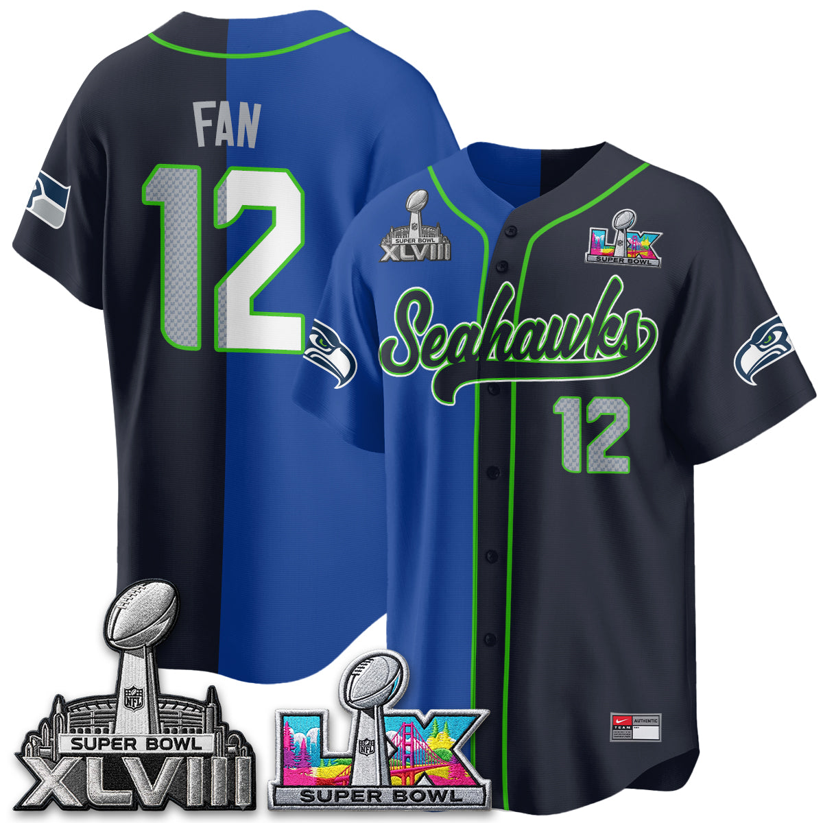 Seattle Seahawks S.Bowl Champs Split Baseball Vapor Jersey V2- Stitched