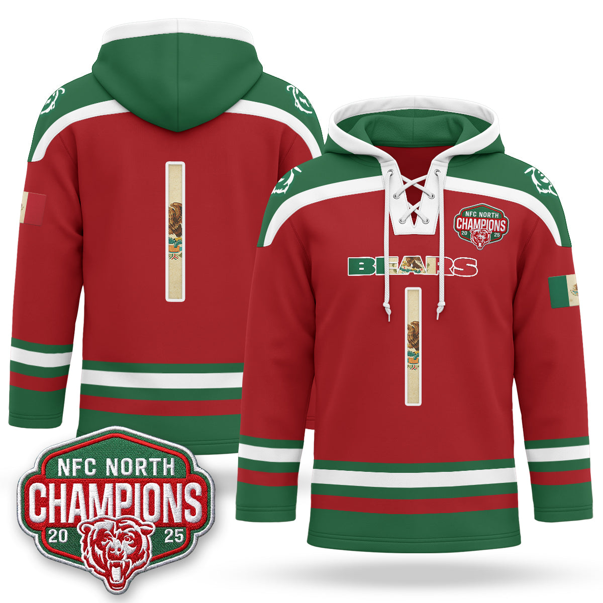 Chicago Bears 2026 Mexico NFC North Champions 2025 Patch Hockey Hoodie - Stitched