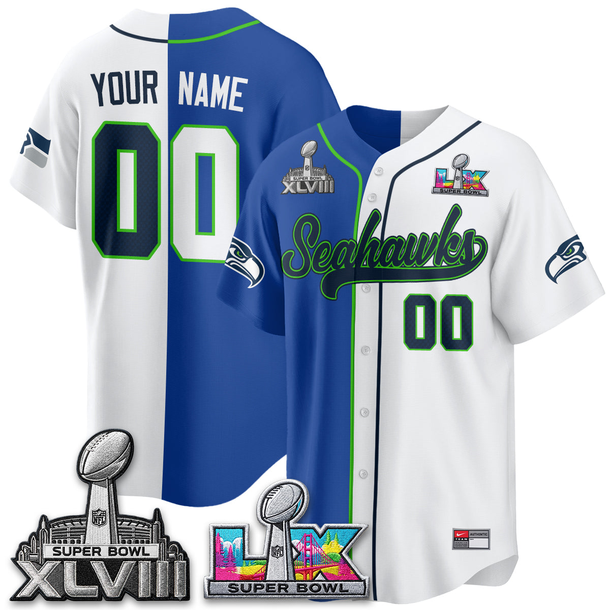 Seattle Seahawks S.Bowl Champs Split Baseball Custom Jersey V2- Stitched
