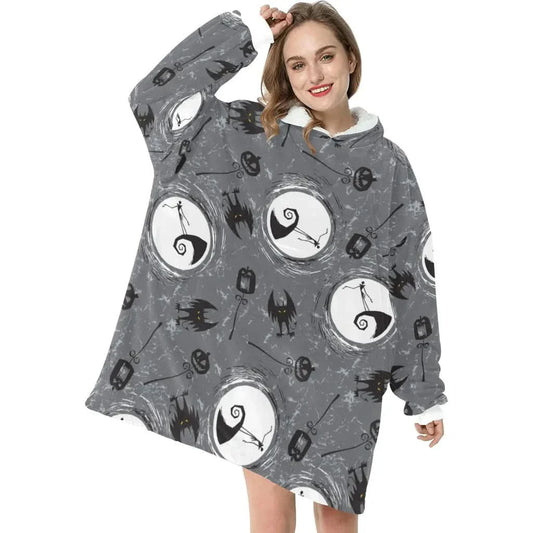 Grey Nightmare Before Christmas Print Blanket Hoodie - TW97