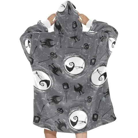 Grey Nightmare Before Christmas Print Blanket Hoodie - TW97