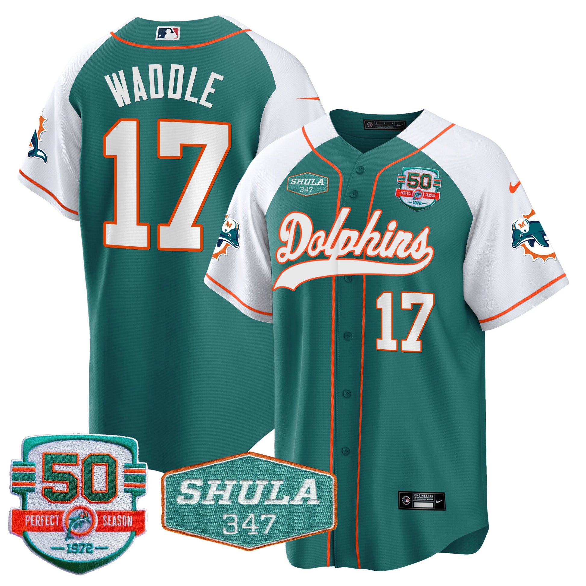 Men's Dolphins 50th & Don Shula 347 Memorial Patch Baseball Jersey - All Stitched