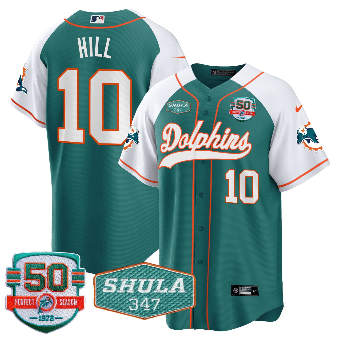 Men's Dolphins 50th & Don Shula 347 Memorial Patch Baseball Jersey - All Stitched