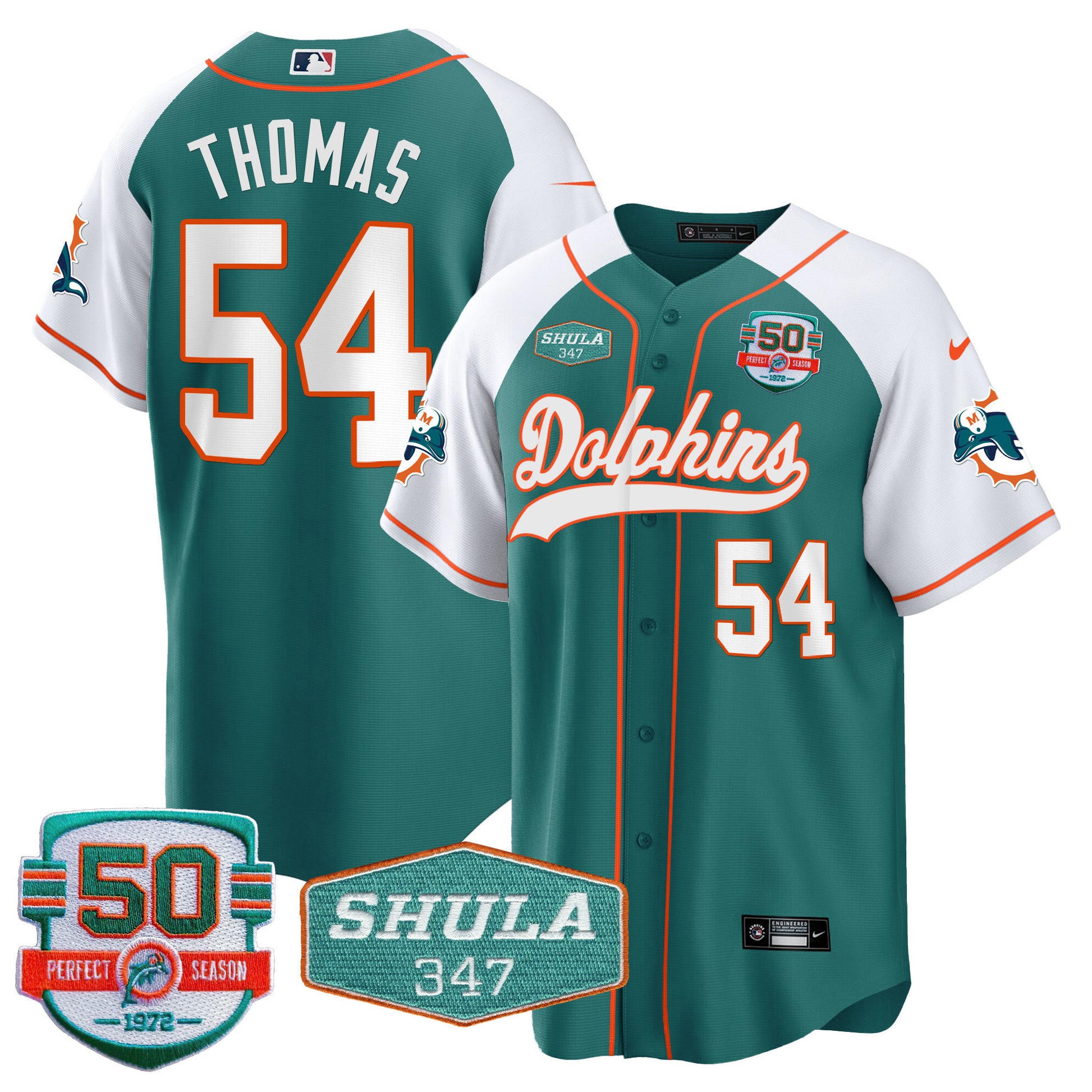 Men's Dolphins 50th & Don Shula 347 Memorial Patch Baseball Jersey - All Stitched