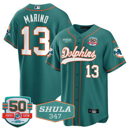 Men's Dolphins 50th & Don Shula 347 Memorial Patch Baseball Jersey - All Stitched