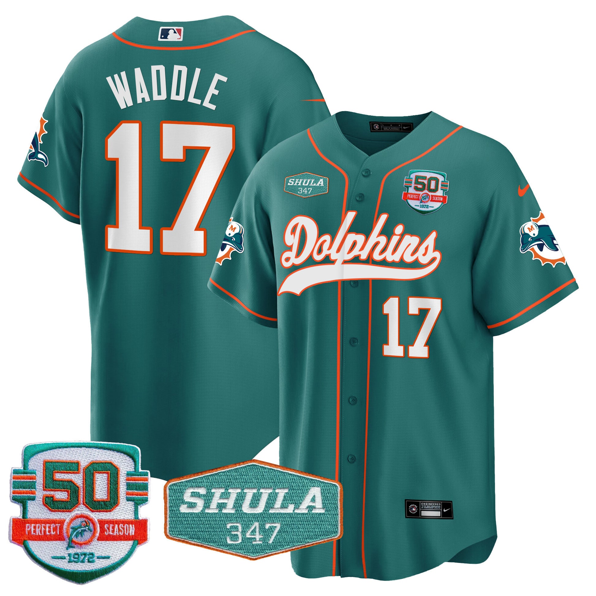 Men's Dolphins 50th & Don Shula 347 Memorial Patch Baseball Jersey - All Stitched