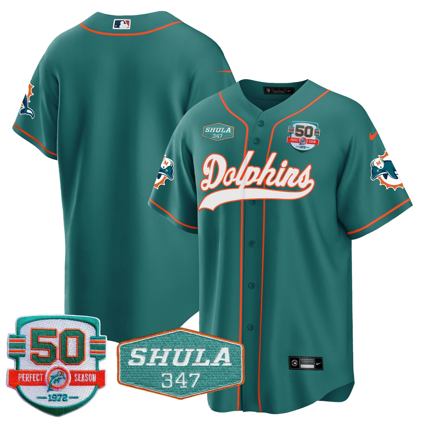 Men's Dolphins 50th & Don Shula 347 Memorial Patch Baseball Jersey - All Stitched